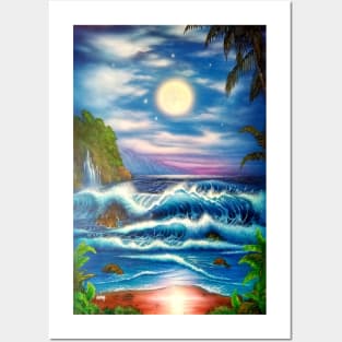 Full moon Hawaiian surfing t-shirt Posters and Art